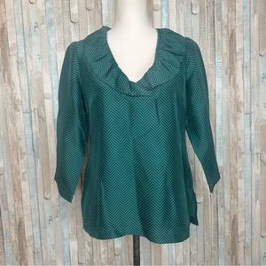 Devon‎ Baer S Green Navy Chevron Stripe Ruffled Silk Top Blouse Preppy $210